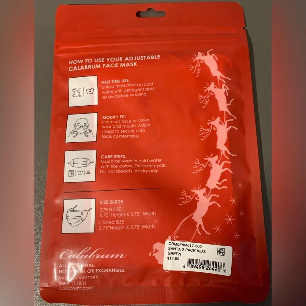 CALABRUM REVERSIBLE FACE MASK REVERSE SIDE = GREEN OR RED